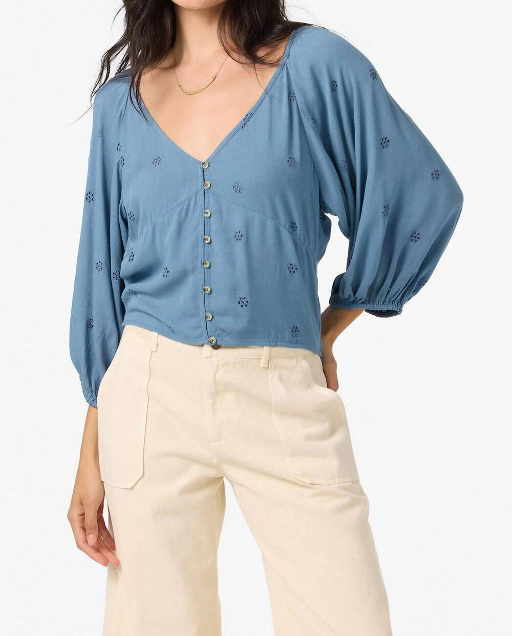 NEW O'NEILL posie eyelet blouse in provincial blue